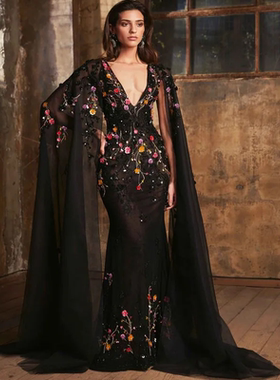 Tony Ward 黑色V领鱼尾裙花朵钉珠遮肉披肩袖红毯年会生日晚礼服