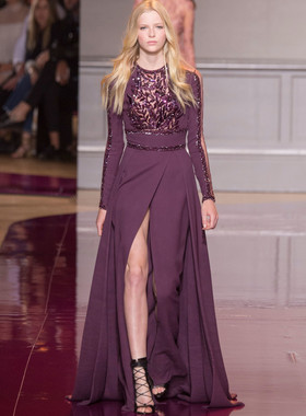 Zuhair Murad紫色晚礼服长袖开叉主持人年会表演唱歌敬酒服妈妈装