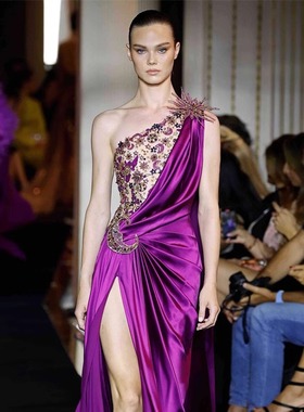 Zuhair Murad 紫色真丝缎单肩性感开叉星月钉珠生日晚礼服敬酒服