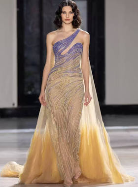 Tony Ward 黄紫色渐变裙皇室高贵单肩修身飘逸新娘婚礼敬酒迎宾服