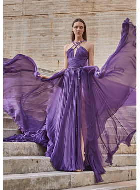 Tony Ward 紫色飘逸挂脖露背舞台唱歌模特走秀演出服新娘迎宾服