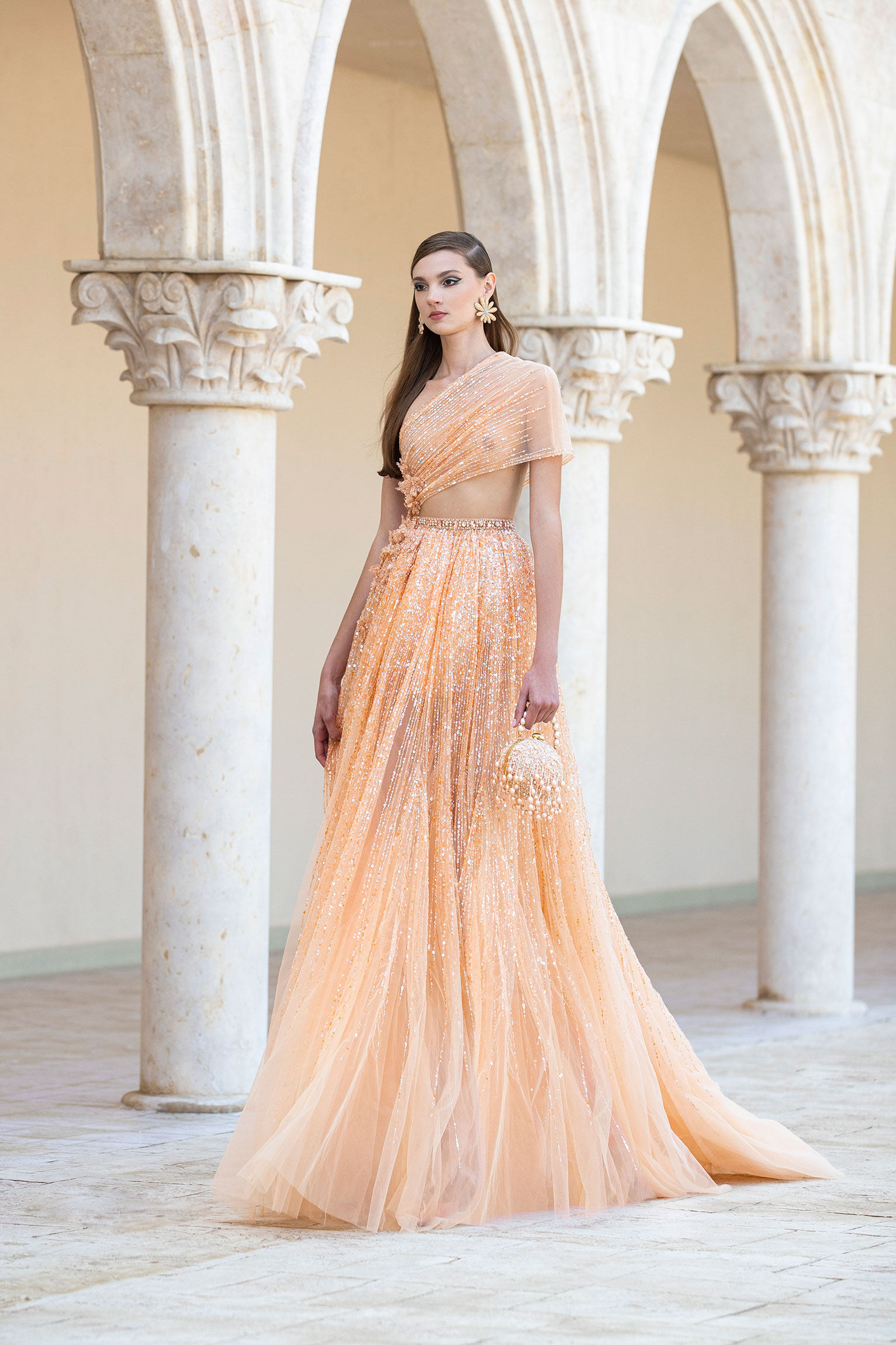 Georges Hobeika 2025年橘粉色单肩性感生日宴会聚会婚宴晚礼服