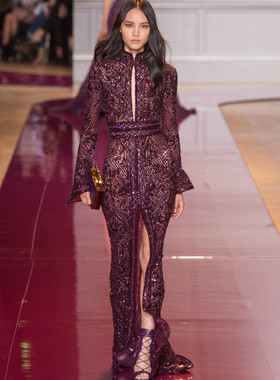 zuhair murad 紫色长袖高领偏中式奢华手工晚礼服新娘婆婆妈妈装