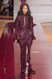 高领偏中式 zuhair murad 紫色长袖 奢华手工晚礼服新娘婆婆妈妈装