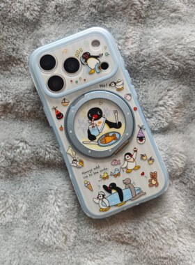二合一IMD磁吸卡通可爱夏天蓝色pingu企鹅360支点手机壳适用iphone17promax防摔苹果16磨砂15pro趣味折叠支架