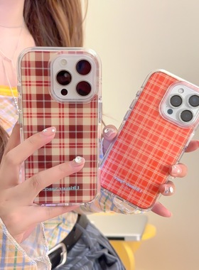 圆弧气囊IMD时尚简约橙色棕色格纹情侣手机壳适用iphone17promax大孔防摔苹果16男女15亮面创意个性14潮流13