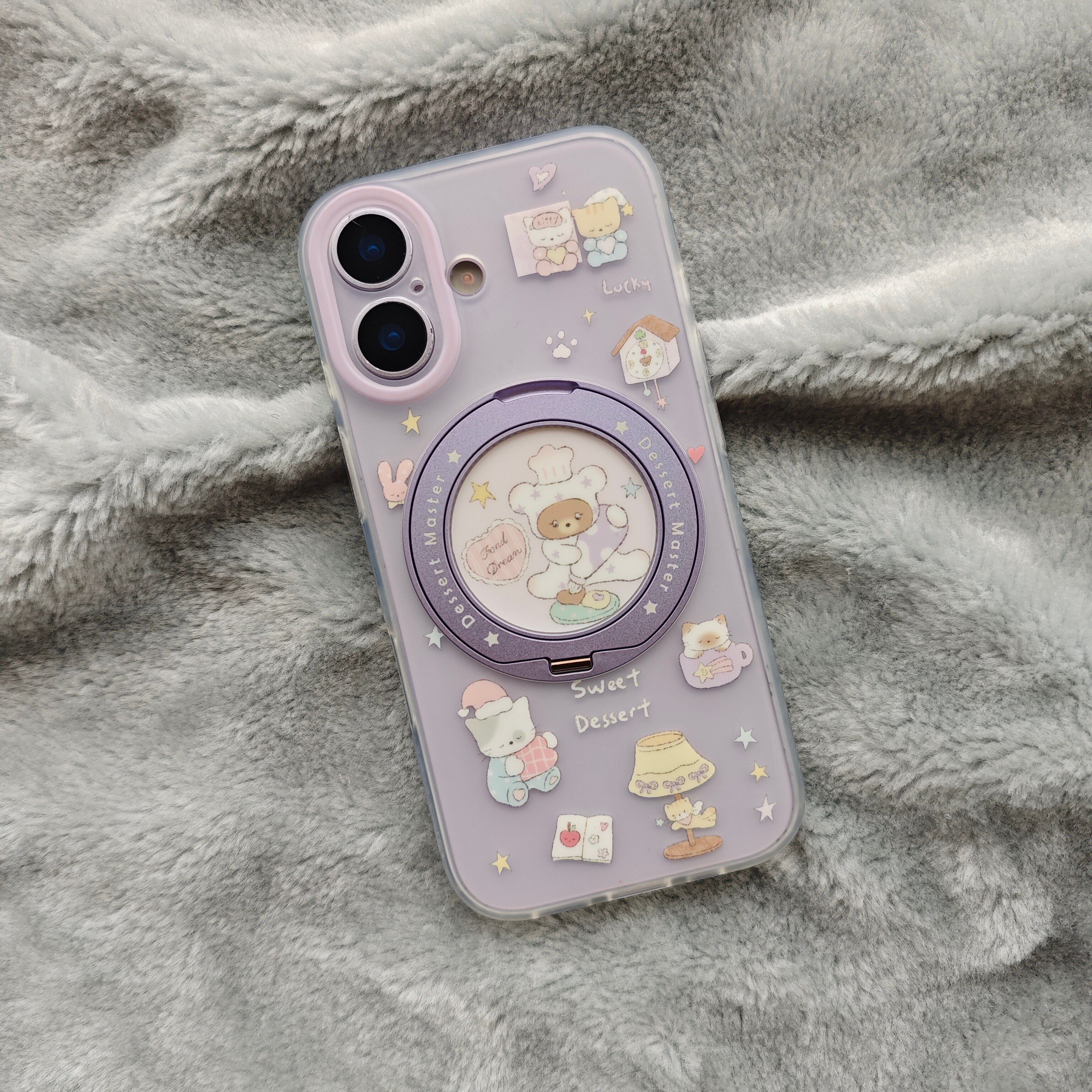 IMD磁吸卡通可爱半透紫色睡衣猫咪360支点手机壳适用iPhone17promax个性防摔苹果16磨砂15趣味创意折叠支架新