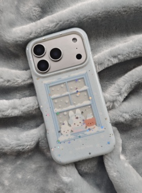 圆弧气囊IMD卡通可爱闪粉蓝色下雪窗口米菲兔手机壳适用iphone17promax大孔防摔苹果16亮面15趣味14创意13新
