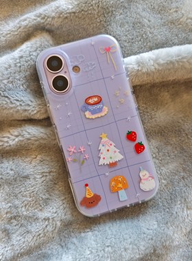 圆弧气囊IMD卡通可爱冬日紫色格纹小插画手机壳适用iphone17promax大孔防摔苹果16磨砂15趣味创意14少女心13