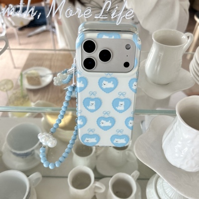 蓝色爱心蝴蝶结白色小狗手机壳