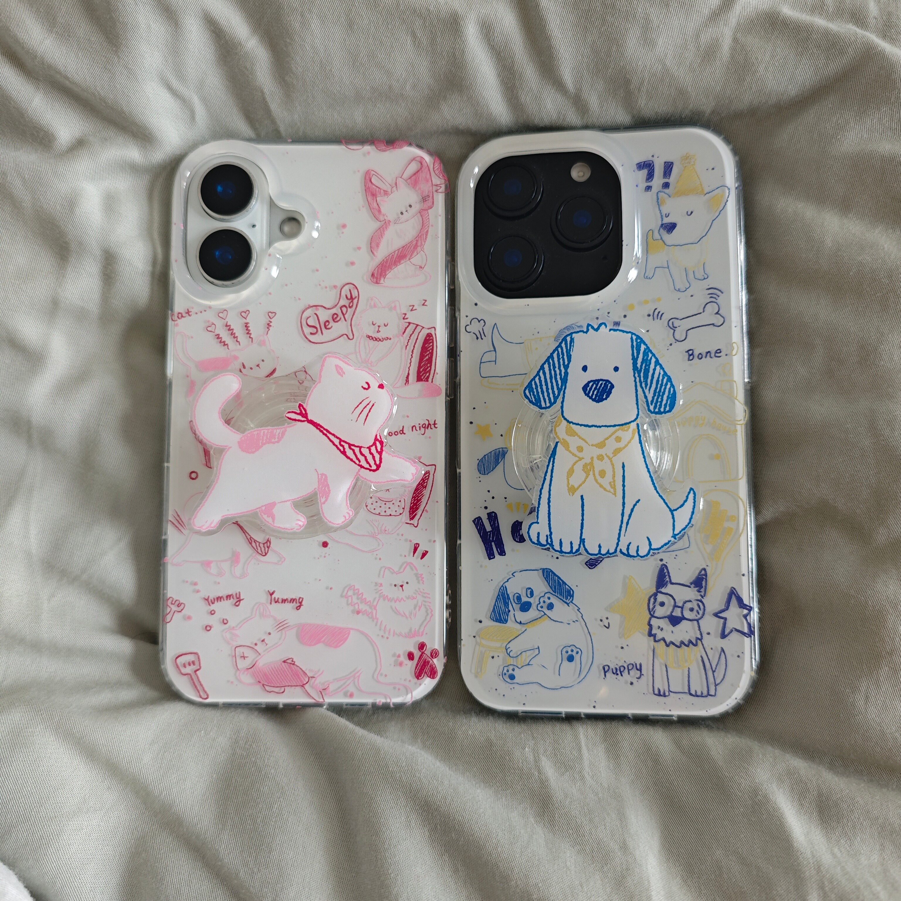 IMD可爱涂鸦线条猫咪狗狗情侣手机壳使用iphone16promax大孔防摔苹果15趣味个性14亮面13男女小众趣味支架