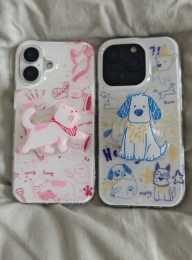 IMD可爱涂鸦线条猫咪狗狗情侣手机壳使用iphone16promax大孔防摔苹果15趣味个性14亮面13男女小众趣味支架