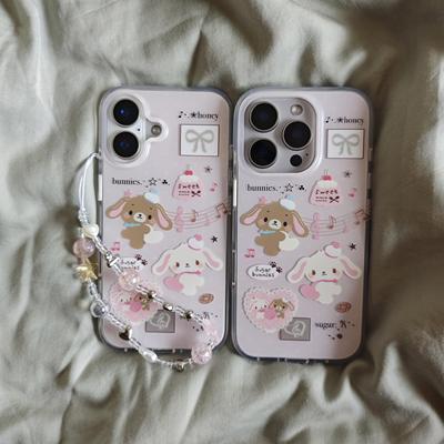 双层imd卡通可爱粉色音符甜点兔手机壳适用iphone16promax大孔防摔苹果15清新14磨砂13趣味个性手链少女心ins