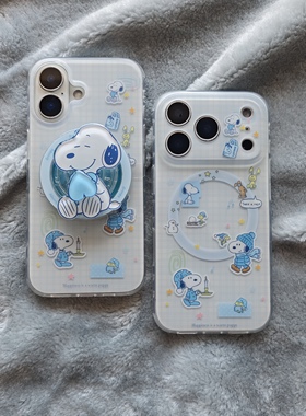 IMD磁吸卡通可爱冬季蓝色格纹爱心史努比手机壳适用iPhone17promax个性防摔苹果16磨砂15趣味创意14支架13新