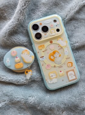 二合一IMD磁吸卡通可爱撞色面包猫咪手机壳适用iPhone17promax个性防摔苹果16亮面15趣味创意14支架13少女心
