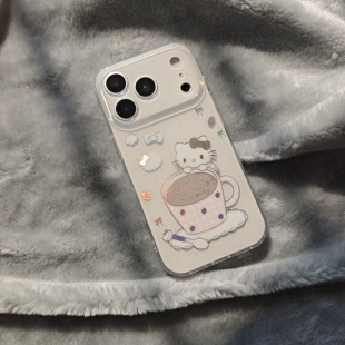 IMD卡通可爱鎏金爱心咖啡蝴蝶结kitty猫手机壳适用iPhone17promax全包防摔苹果16亮面15趣味创意14少女心13新