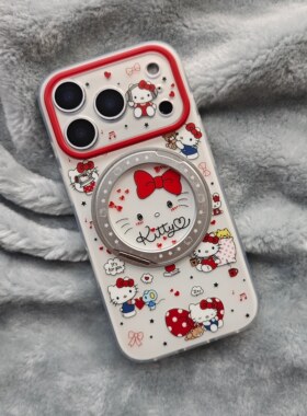 IMD卡通可爱白底满屏蝴蝶结猫咪360支点手机壳适用iPhone17promax高级防摔苹果16磨砂15pro折叠支架少女新