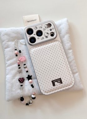 秒变17大视窗贴皮卡通可爱黑色波点kitty猫手机壳适用iPhone17promax全包防摔苹果16高级15趣味创意14带手链