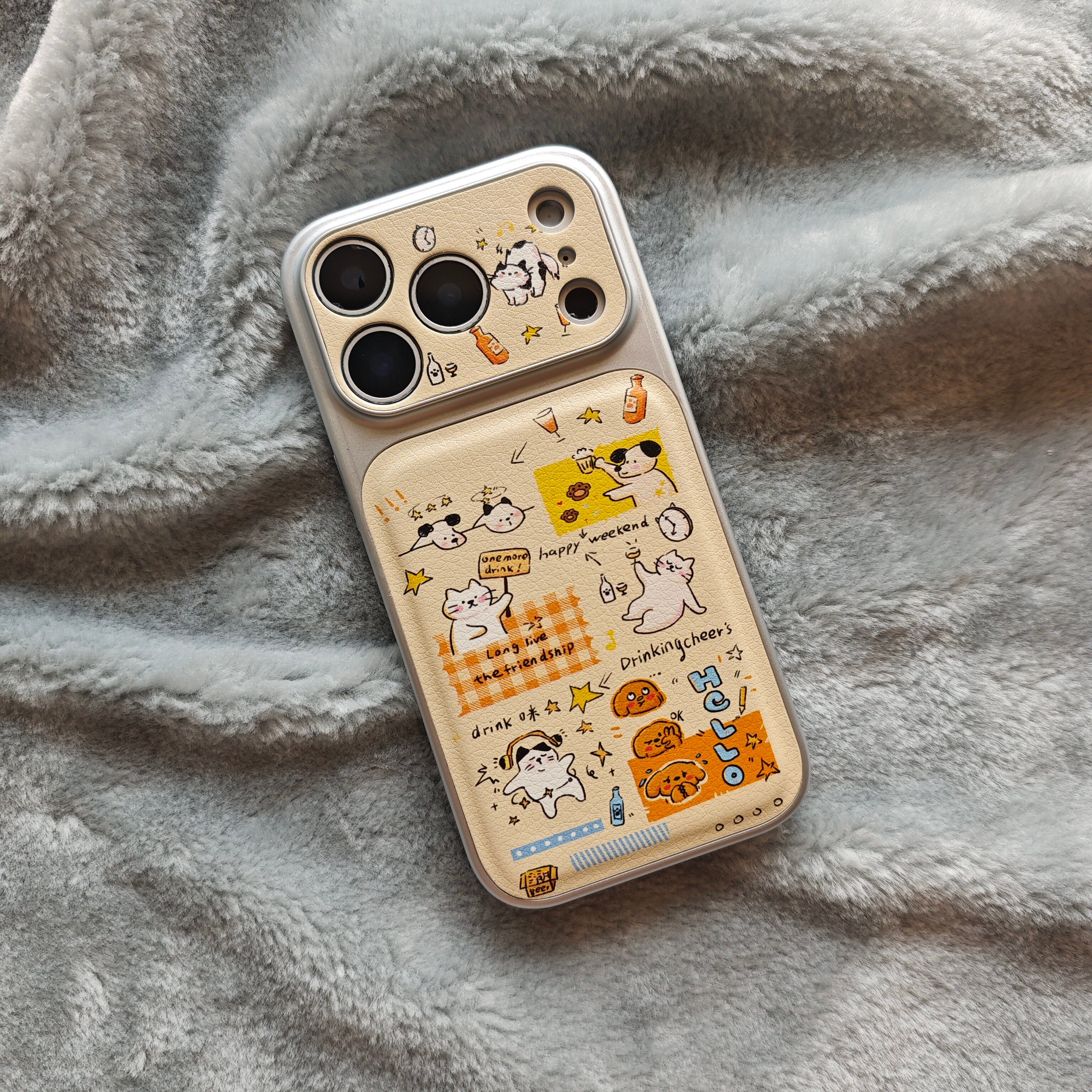 秒变17大视窗贴皮卡通可爱米黄色喝酒猫咪手机壳适用iPhone17promax全包防摔苹果16高级15趣味创意14少女萌系