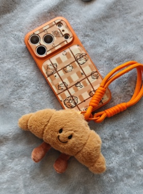 秒变17大视窗贴皮卡通可爱橙色格纹牛角包手机壳适用iPhone17promax全包防摔苹果16高级15趣味创意14公仔挂绳