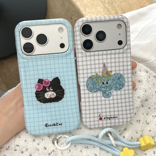 可爱蓝白格子猫咪小象头像手机壳