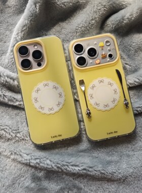 IMD清新简约黄底蝴蝶结餐盘立体刀叉手机壳适用iPhone17promax个性防摔苹果16亮面15趣味创意14小众13高级感