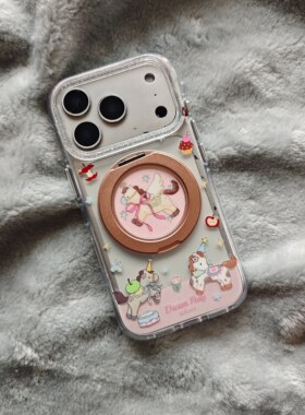 IMD卡通可爱2026马年蝴蝶结翅膀小马360支点手机壳适用iphone17promax大孔防摔苹果16趣味创意15折叠旋转支架