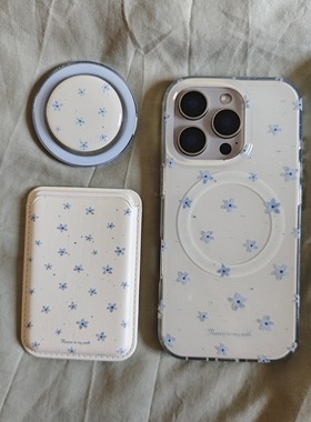 IMD磁吸简约时尚细闪蓝色花朵17手机壳适用iphone16promax大孔防摔苹果15时尚女生14亮面13卡包支架小众文艺