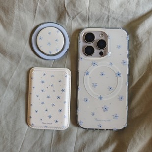 IMD磁吸简约时尚细闪蓝色花朵17手机壳适用iphone16promax大孔防摔苹果15时尚女生14亮面13卡包支架小众文艺
