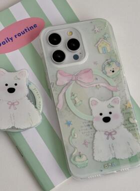 双层印花imd磁吸卡通可爱绿色蝴蝶结西高地狗狗手机壳适用iphone16promax大孔防摔苹果15亮面14支架13女生硬