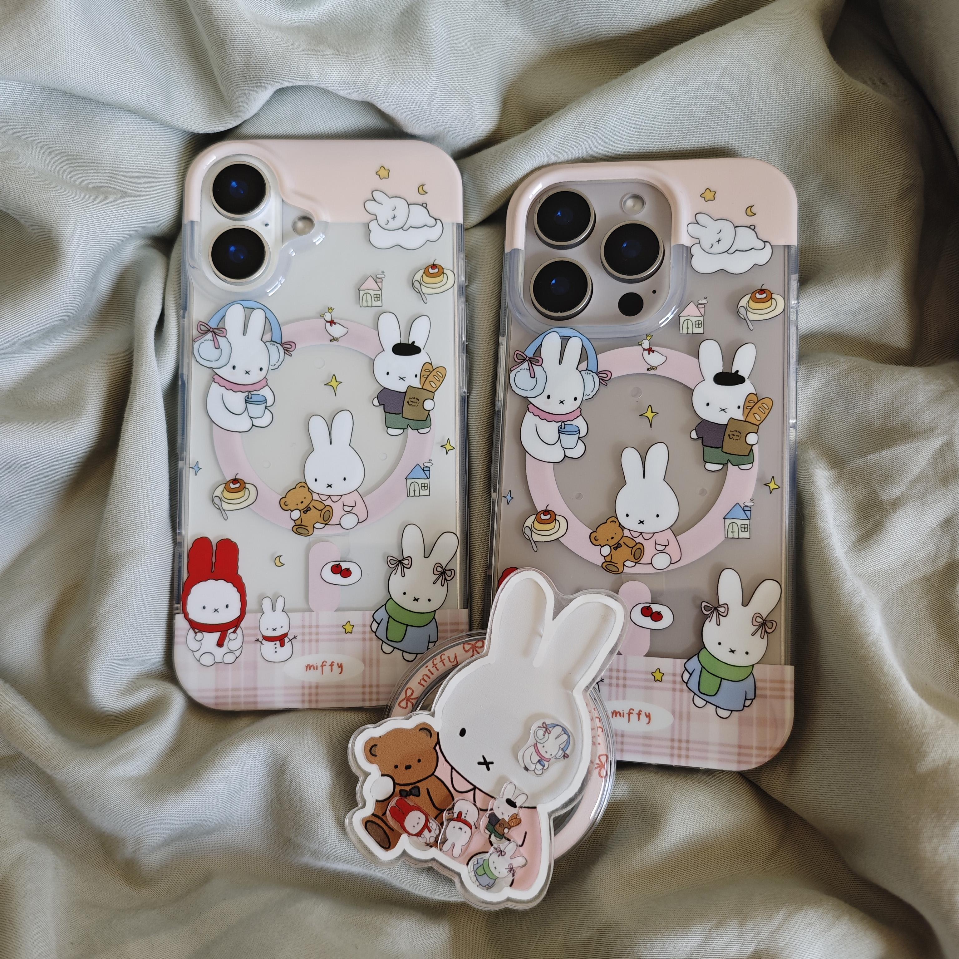 粉色格纹镂空日常兔子卡通双层imd磁吸手机壳适用iphone16promax大孔防摔苹果15可爱女生14亮面13摇摇乐支架