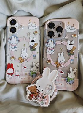 粉色格纹镂空日常兔子卡通双层imd磁吸手机壳适用iphone16promax大孔17防摔苹果15可爱女生14亮面13支架爆款