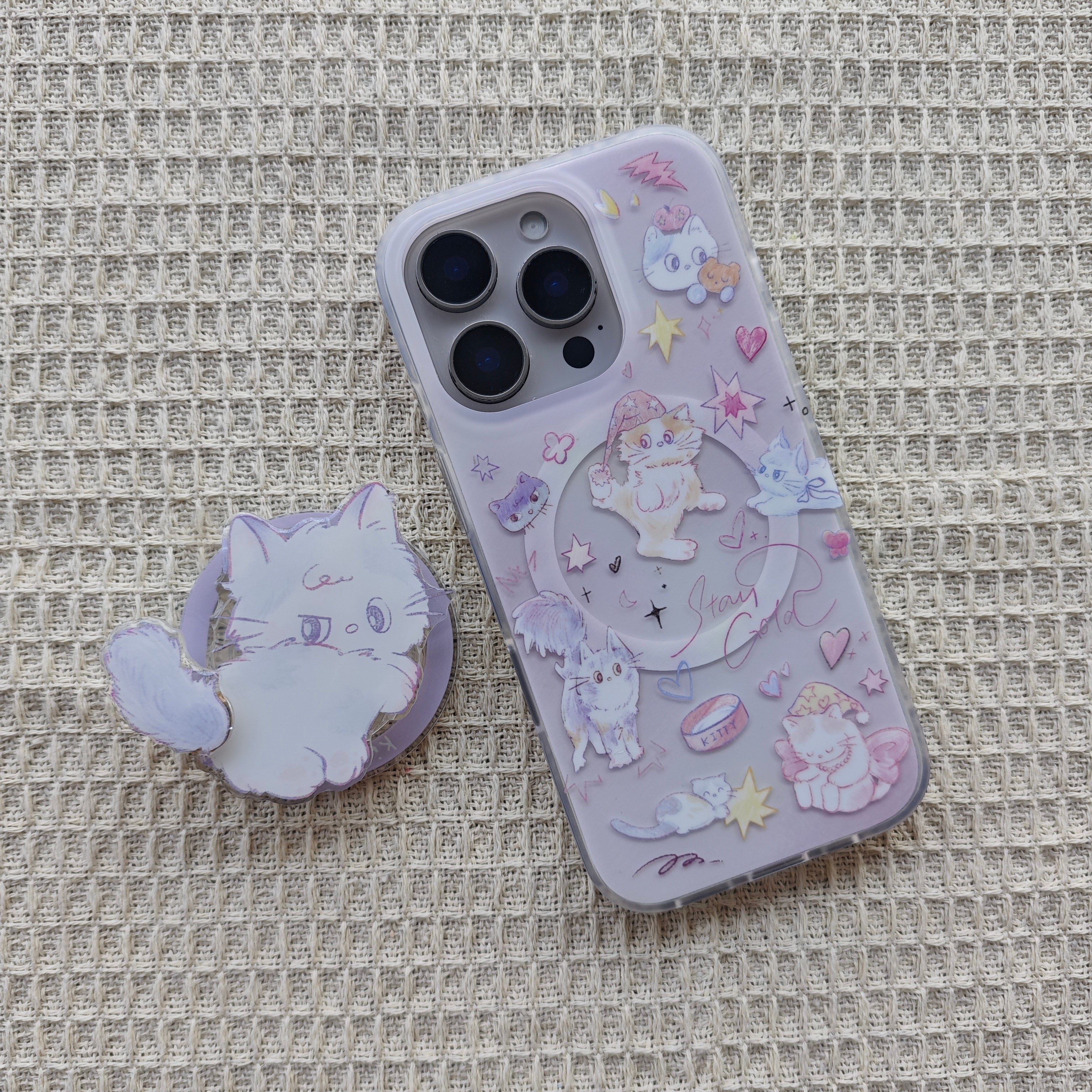 IMD磁吸卡通可爱紫色涂鸦猫咪手机壳适用iPhone17promax个性防摔苹果16磨砂15趣味创意14支架13女生ins风硬壳