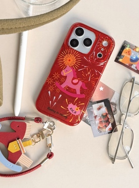 IMD时尚可爱新年喜庆红色烟花小马手机壳适用iPhone17promax大孔防摔苹果16亮面15趣味创意14摇摇马挂绳13硬