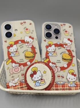 新款杏色红格纹满屏美食kt猫双层imd磁吸手机壳适用iphone16promax大孔防摔磨砂苹果15可爱女生14支架13卡通