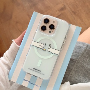 圆弧气囊IMD磁吸浅蓝色芝士腊肠猫咪手机壳适用iphone17promax大孔防摔苹果16创意14磨砂13男女支架15清新ins