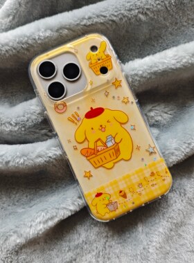圆弧气囊IMD卡通可爱黄色格纹购物布丁狗手机壳适用iphone17promax大孔防摔苹果16亮面15趣味创意14萌宠13新