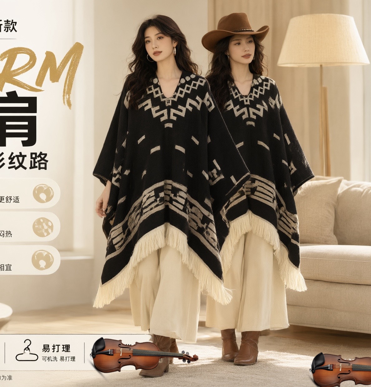 青海西藏云南旅游民族风披肩女秋冬加厚拍照出片大开叉斗篷披风女