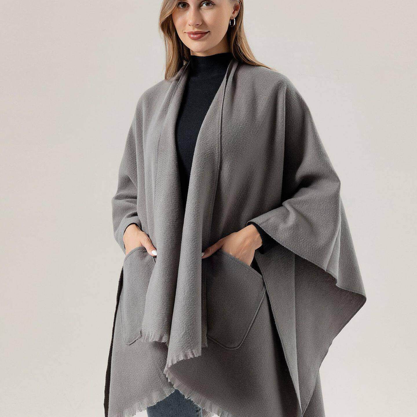 Cape shawl男女欧美纯色披肩简约百搭口袋保暖围巾女士旅游斗篷