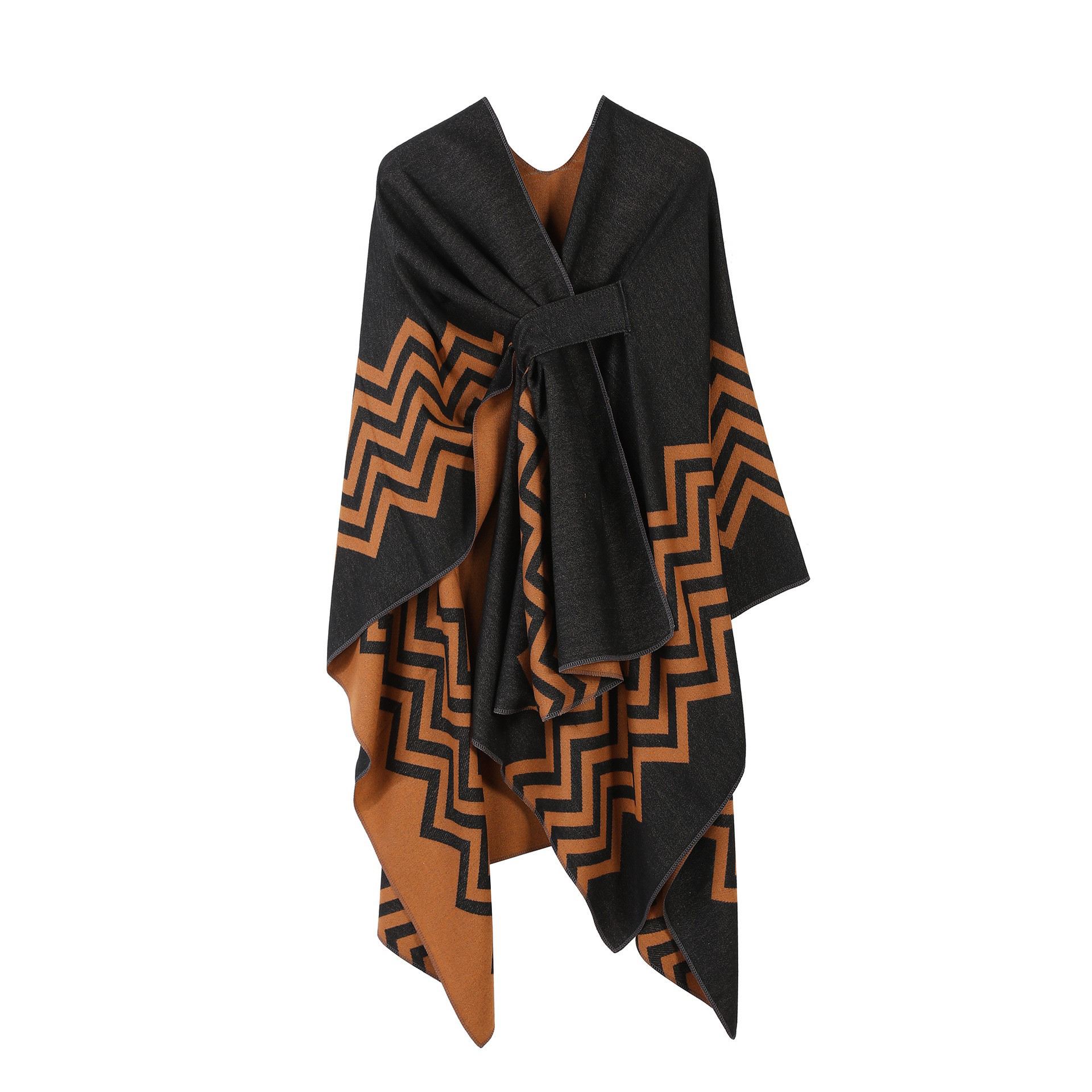 欧美春秋大波浪侧绑带斗篷韩版气质搭肩旅游仿羊绒空调披肩外套