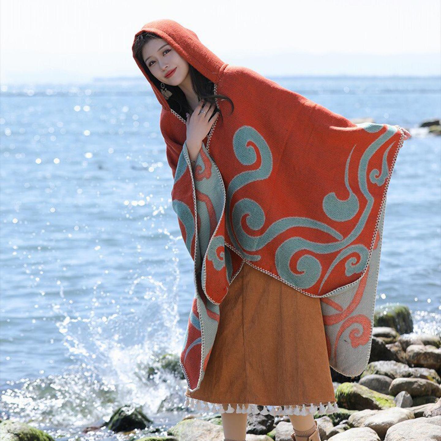 女士围巾新款仿羊绒提花开叉加厚大斗篷空调保暖披肩Poncho Shawl