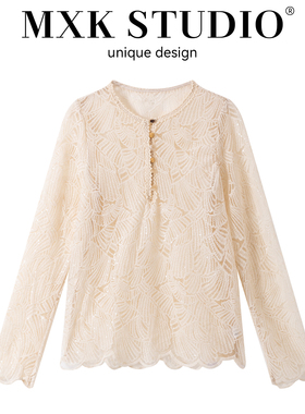 新款韩版时尚气质长袖宽松显瘦蕾丝衫ins镂空女针织毛衫开衫上衣