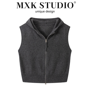 双拉链无袖 新款 坎肩纯色上衣 毛衣马甲背心女2025秋季 连帽针织开衫