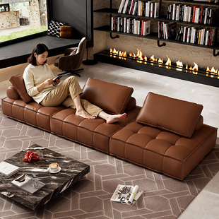 自由组合模块真皮沙发意式覆古高级客厅直排豆腐块沙发皮埃尔蒙特