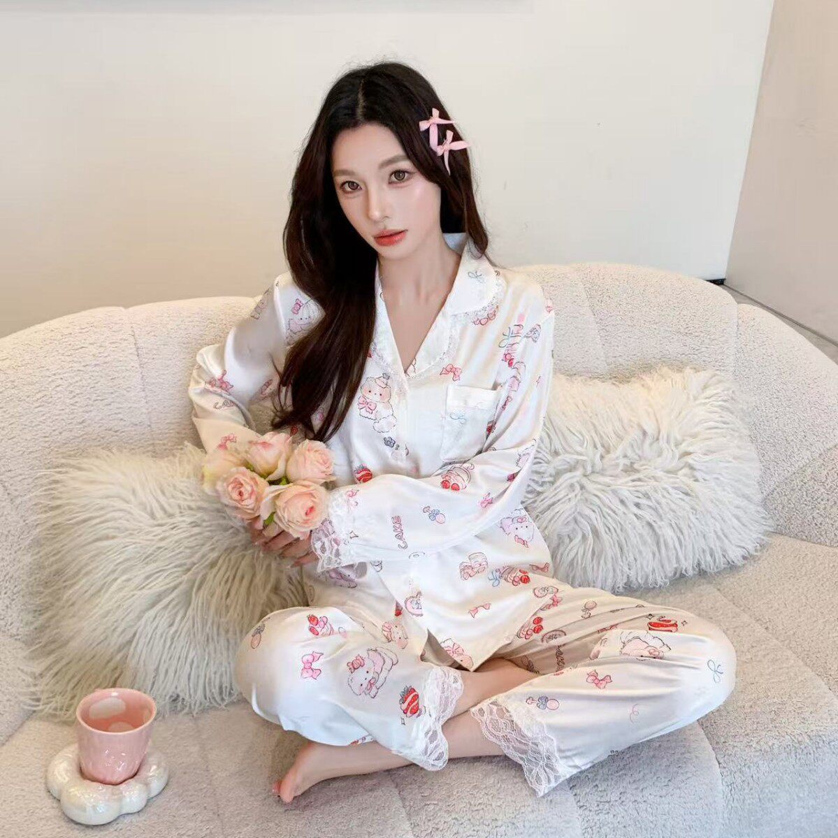 新款26春秋薄款冰丝长袖可外穿时尚韩系睡衣卡通开衫甜美长袖套装