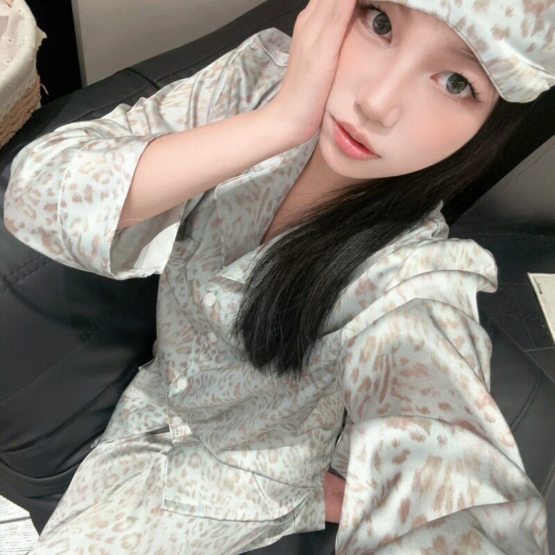 2026年春夏季韩系高级感豹纹冰丝睡衣女新款眼罩可外穿长袖套装
