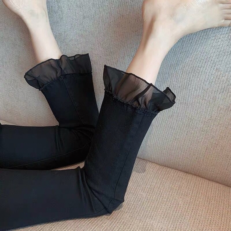 显瘦大码七分裤子2025微喇叭大高腰女阔腿裤黑色小个子弹力花边夏