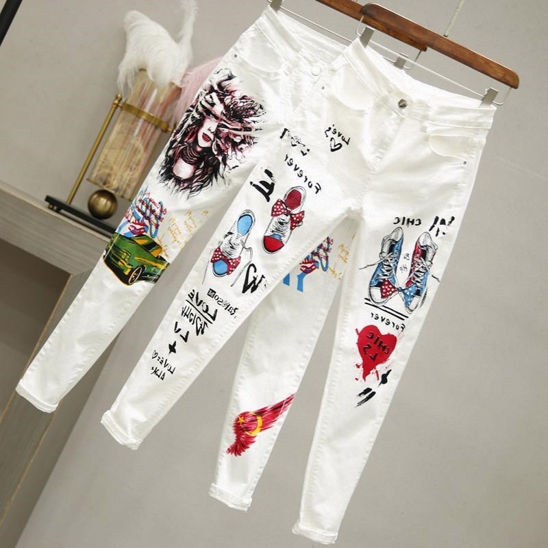 2025夏新款白色小脚裤印花铅笔裤春秋牛仔时尚修身女紧身韩版高腰