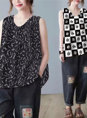 2026新款冰丝背心女时尚外穿春夏大码印花内搭无袖上衣女坎袖