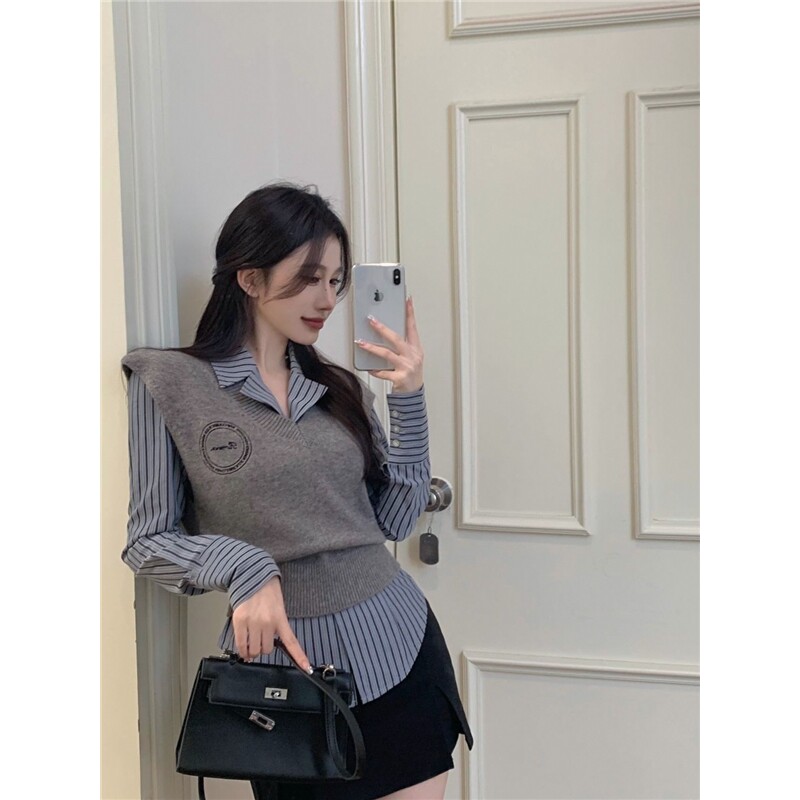 春秋背心衬衫针织条纹马甲女减龄新款学院风两件套装穿搭毛衣休闲